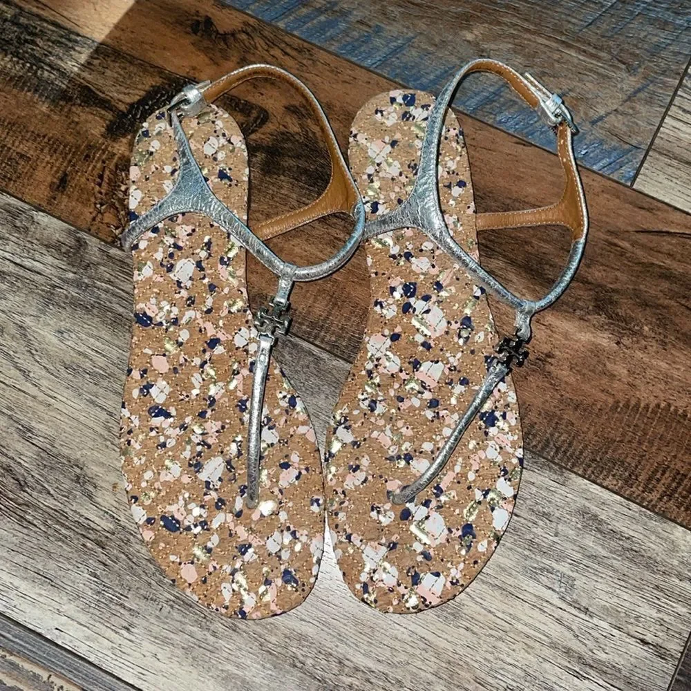 Tory Burch Silver Quilted Marion T-strap sandals